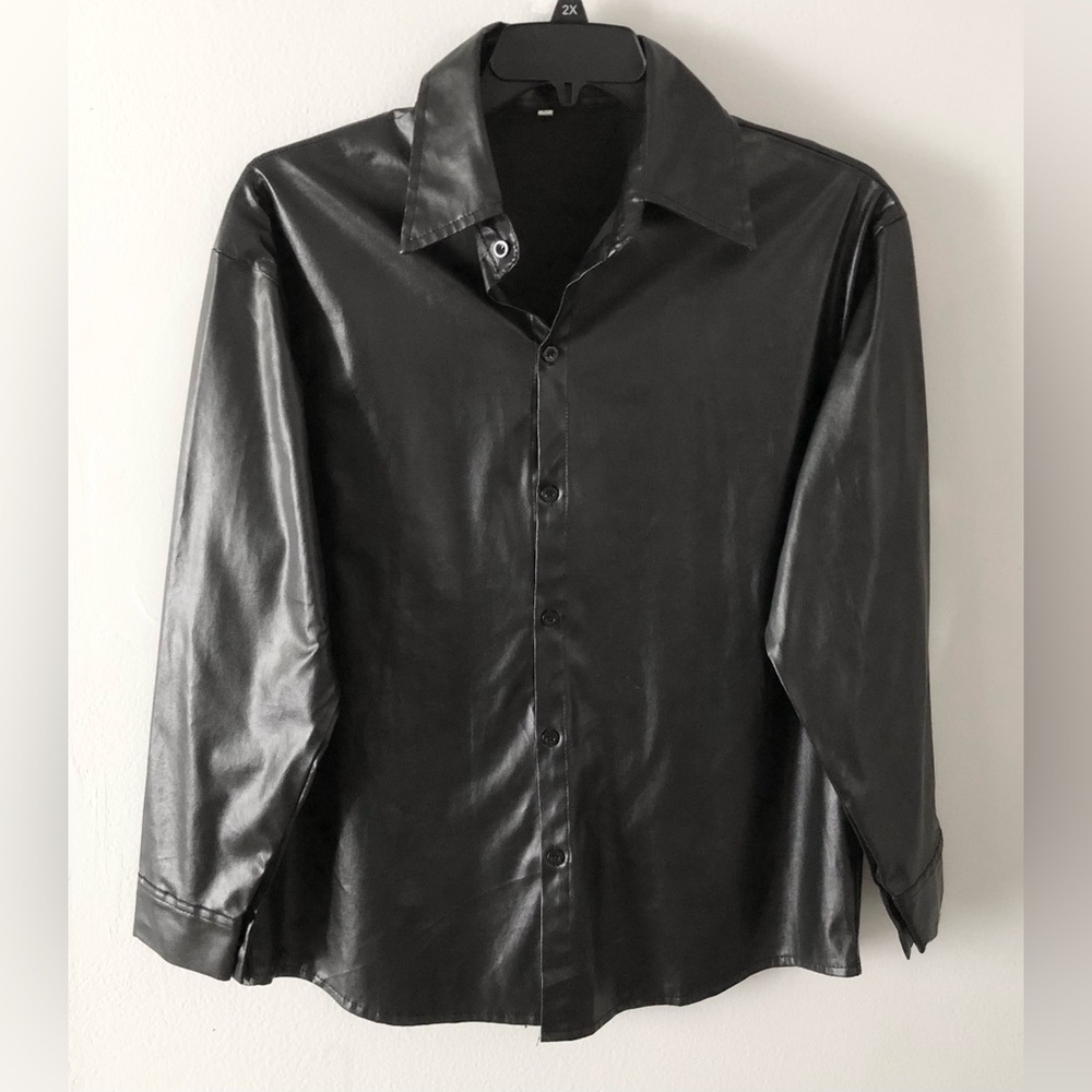 Oversized Black Faux Leather Button-Up Jacket Shirt Fall Streetwear Punk Goth